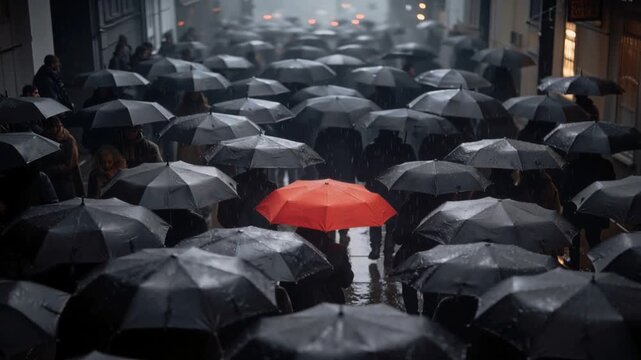 Vibrant red umbrella moves through a rainy city street. An individual stands out in a dense urban crowd.