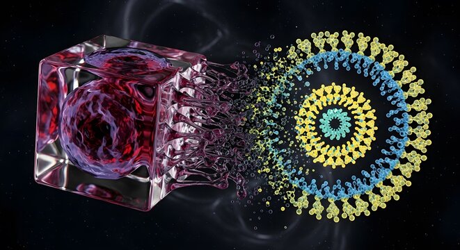 An abstract scientific illustration showing a purple organic cell structure emerging from a glass cube next to a molecular virus model against a dark background - Powered by Adobe