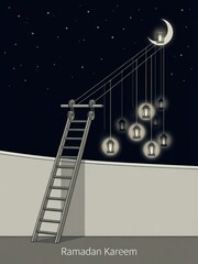 Ramadan kareem night scene with crescent moon, ladder, and glowing lanterns