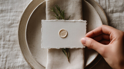 Elegant Wedding Reception Place Card with Seal on Rustic Table