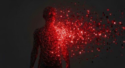 Human silhouette disintegrating into red glowing digital pixels and geometric fragments against a dark background representing data loss artificial intelligence and virtual reality technology