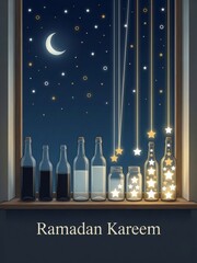 Ramadan kareem night sky window scene with crescent moon and glowing star lanterns
