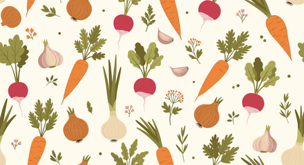 Hand drawn seamless pattern featuring fresh root vegetables like carrots, radishes, onions, and garlic on a light cream background.