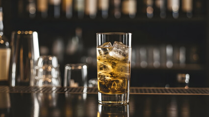 Whiskey on the rocks in a tall clear glass