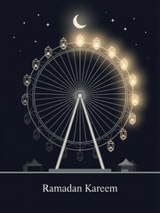 Ramadan kareem ferris wheel at night with glowing lanterns, crescent moon, and stars illustration