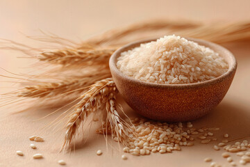Rice, White Grains in Rustic Bowl with Wheat Stalks, Natural Texture Emphasizing Simplicity and Harvest