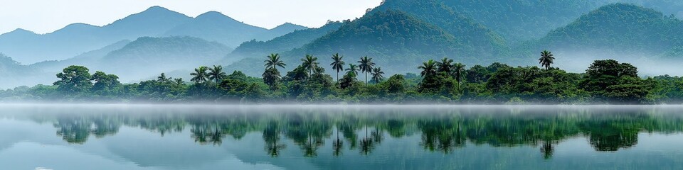 Tranquil misty lake with lush green mountains and palm trees