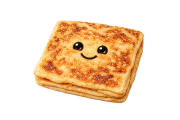 A stack of toast with a smiley face on a black background