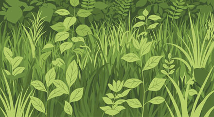 Fototapeta premium Dense field of green grass and leafy plants illustration creating a lush meadow or forest undergrowth scene in various shades of green.