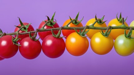 Vibrant red and yellow cherry tomatoes on vine with purple background
