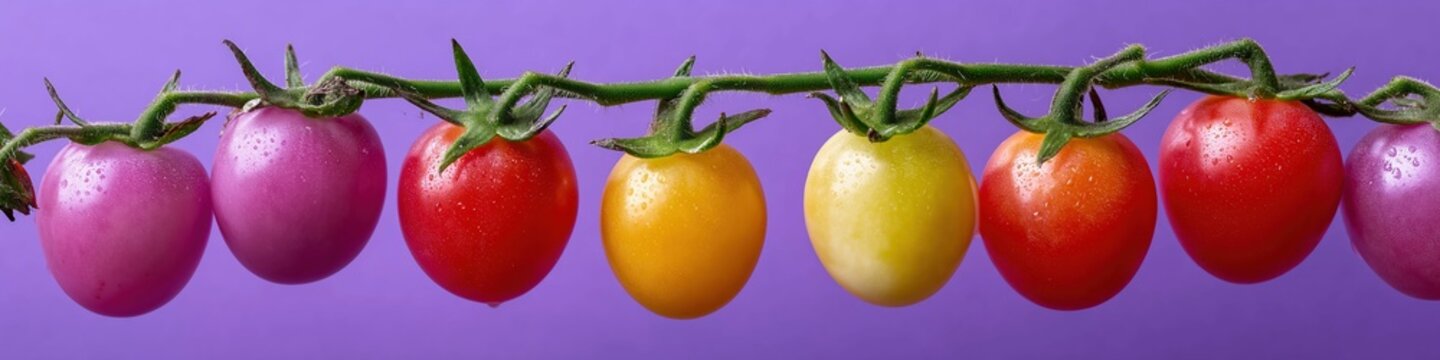 Variety of colorful tomatoes on vine against purple background