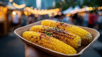 City Festival Delight Hand Holding Flavored Grilled Corn at Vibrant Outdoor Night Market