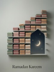 Ramadan kareem greeting with elegant fabric stacks and crescent moon night sky