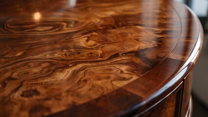 Close-up of Polished Burl Wood Furniture Surface with Rich Grain Pattern