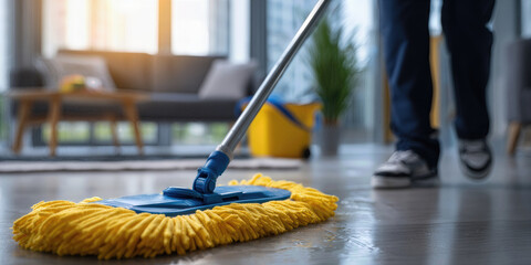 Cleaner at Work Focused Cleaning with Mop on Wooden Floor in Modern Living