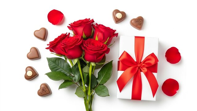 Romantic bouquet of red roses with gift box and chocolates isolated on white background