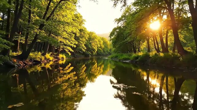 Serene forest stream reflecting lush green trees and sunlight filtering through the canopy creating a tranquil and peaceful nature scene perfect for calming visuals