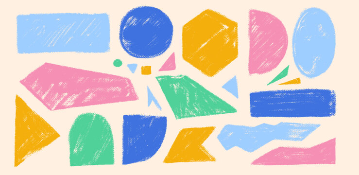 Graphic crayon drawn geometric shapes with grunge texture. Hand drawn scribble, scratch pencil figures. Vector basic forms including circle, square, triangle, hexagon, rectangles for abstract design.