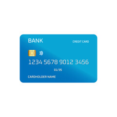 Blue bank credit card with standard 16-digit number, expiration date, and contactless payment chip