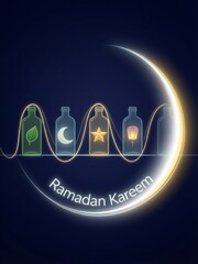 Ramadan kareem greeting with glowing crescent moon, lanterns, and spiritual symbols in bottles