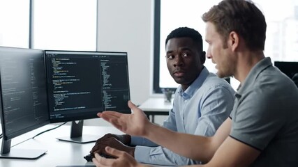 Engineers discuss programming code and solve issues in office setting - Powered by Adobe