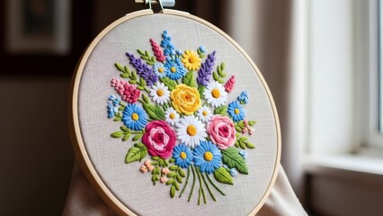 A beautifully handcrafted floral embroidery hoop showcases a colorful bouquet of stitches, evoking creativity and traditional craft for National Embroidery Month