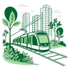Modern train in green cityscape