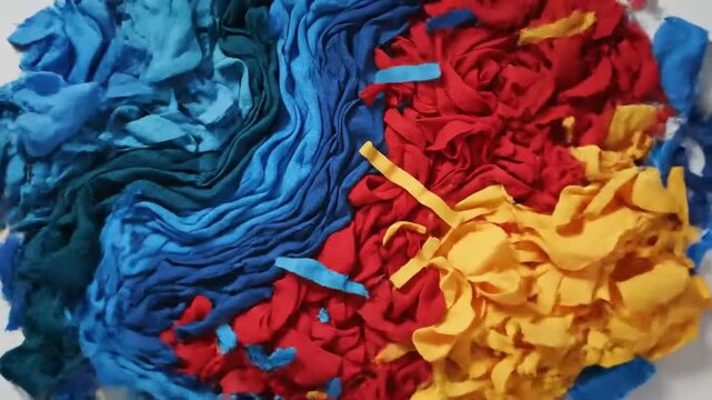 Colorful crumpled paper strips in blue, red, and yellow. Biodegradable material creative motion graphic animation video. latest creative trending background video. 