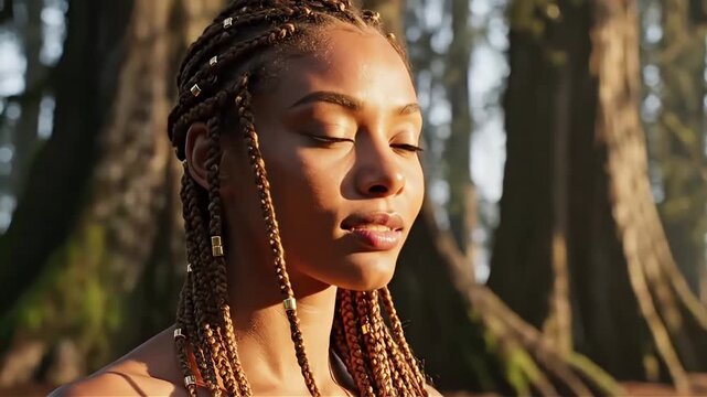 Serene portrait of a young Black woman with intricate braided hairstyle and golden highlights captured in soft sunlight filtering through lush forest foliage a symbol of natural beauty and strength