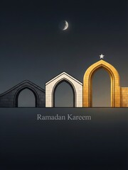Ramadan kareem greeting card with stylized arches and crescent moon against a dark sky