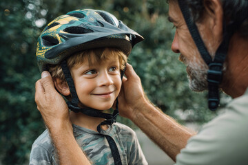 Bike Helmet Security Father Helping Son with Protective Gear, Smiling,