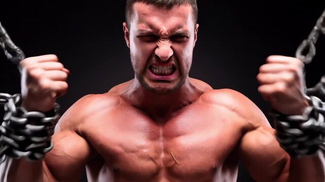 A muscular shirtless man struggles to break free from heavy metal chains wrapped around his wrists. Aggressive man shouting and clenching fists while struggling against restraints in dark studio