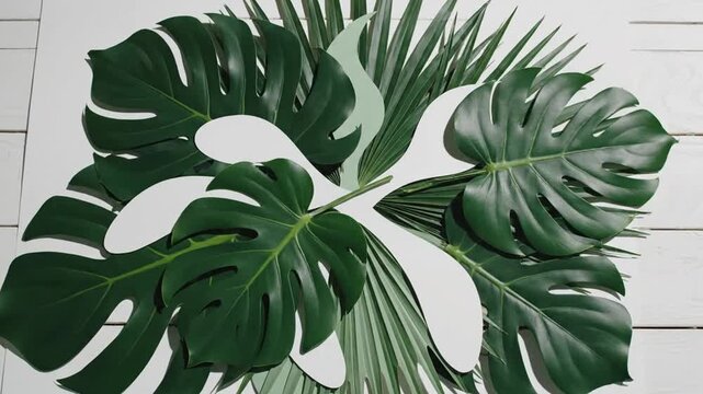 Tropical Leaves Arrangement on White Wooden Background Perfect for Summer Designs And Backgrounds