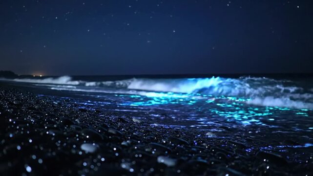 Bioluminescent Waves Crash on Dark Beach Under Starry Night Sky
