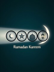 Elegant ramadan kareem greeting illustration with glowing islamic symbols and crescent moon