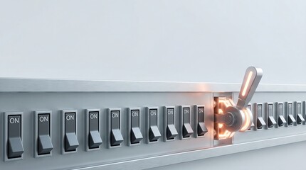 Row of switches with one activated glowing switch on transparent background