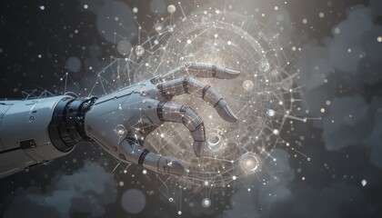 Robot Hand Interacting with Digital Virtual Reality Interface Glowing Global Network Connection Data