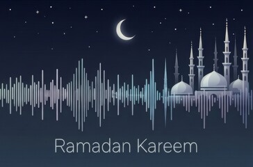 Ramadan kareem greeting with mosque, crescent moon, and dynamic sound wave at night