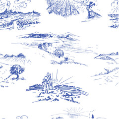 Blue seamless toile pattern, landscape, fields, sun, countryside.