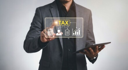 Businessman holding tablet with virtual tax interface.