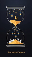 Ramadan kareem hourglass illustration with mosque silhouettes, golden sand, crescent moon, stars, and lanterns on dark background