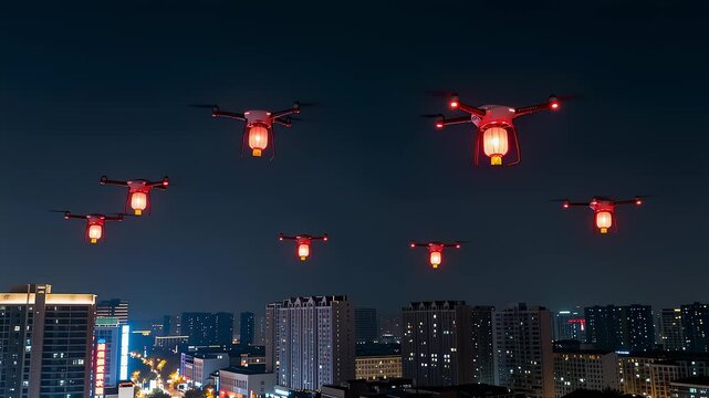Drones with red lanterns flying over night city