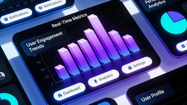 Software interface displaying user engagement trends and real-time metrics. 3D digital dashboard with glowing bar charts and performance analytics for business intelligence