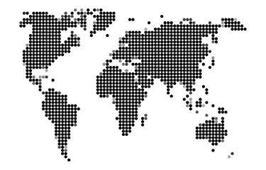 Fototapeta premium Detailed halftone world map created using black dots of varying sizes, representing continents and landmasses with a minimalist, abstract design approach.
