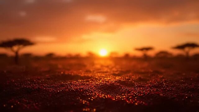 Savannah sunset landscape with acacia trees. Biodegradable material creative motion graphic animation video. latest creative trending background video. 