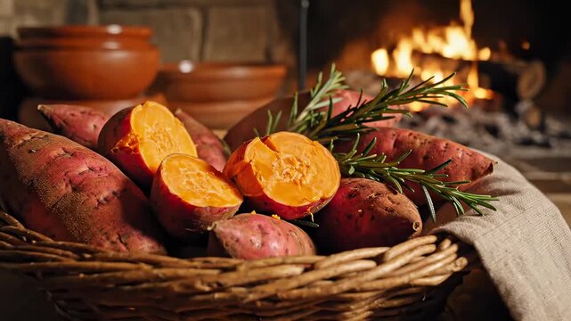 Rustic Still Life With Sweet Potatoes Near Warm Fireplace Creates A Cozy Autumn Atmosphere