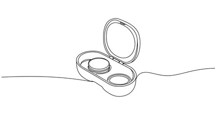 Obraz premium Line drawing of an eye lens case with lenses on a transparent background, showcasing details of the case and lenses in a simple artistic style.