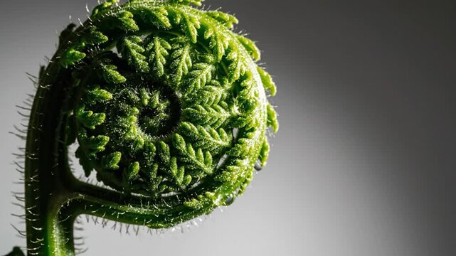 Unfurling Fern Frond A Fresh New Green Life Emerging Close Up Studio Shot