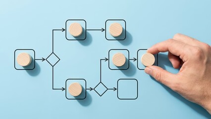 Hand placing wooden piece on a diagram illustrating decision making and workflow strategy on blue background