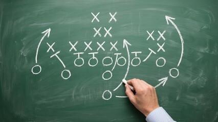 A hand drawing a detailed strategy planning football play on a chalkboard for game plan preparation